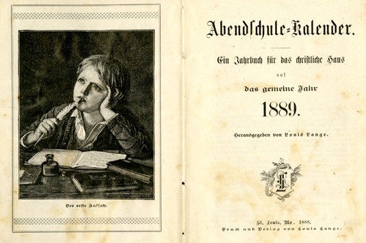 The title page of Abendschule Kalendar showing a young boy at a desk.