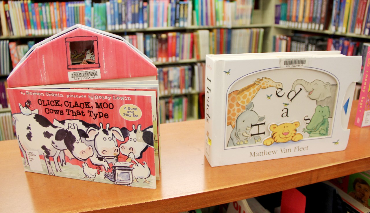 Two books sitting on top of shelf.